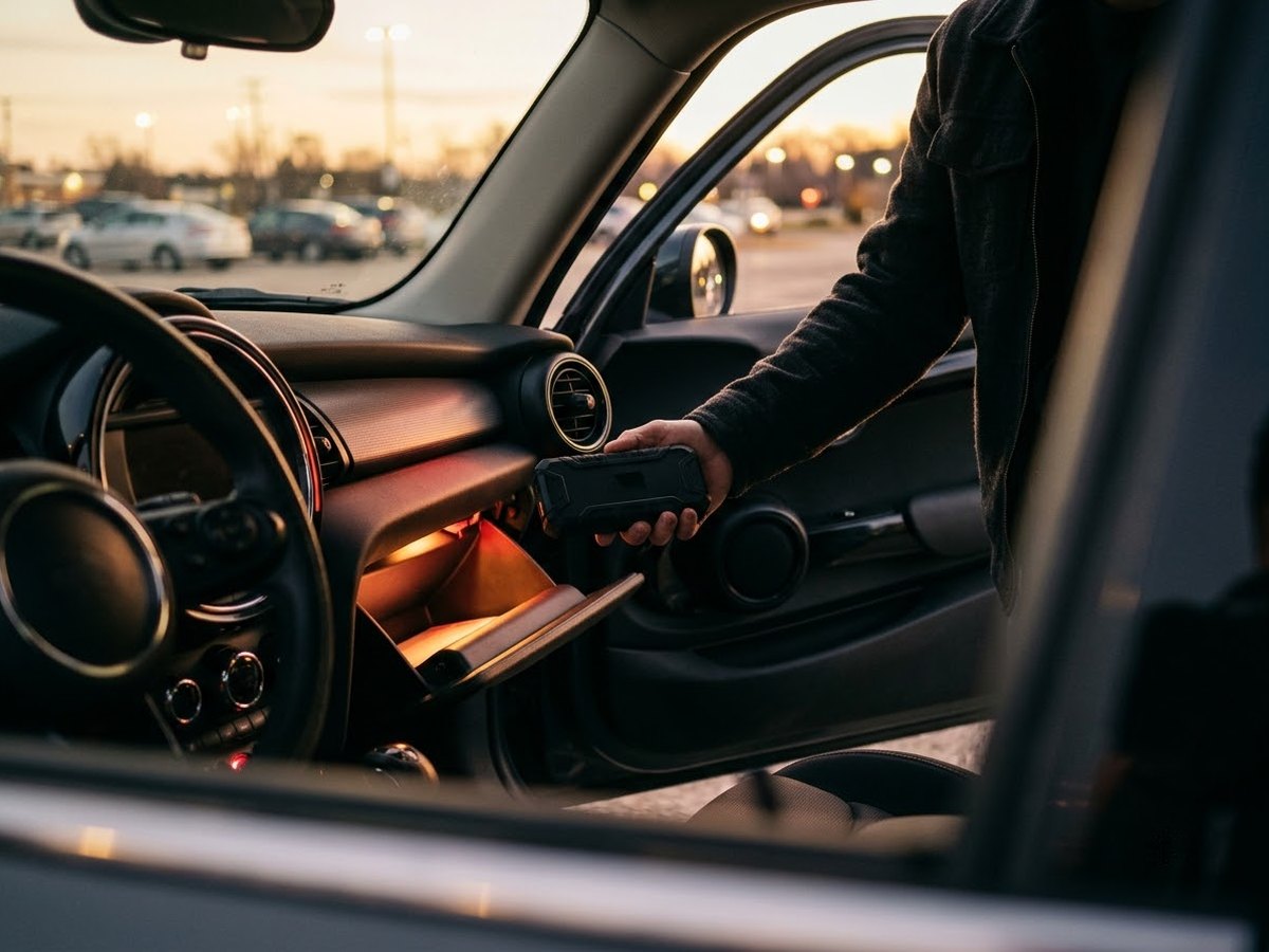 Hand taking a small portable jump starter out of a car glovebox in a parking lot at dusk