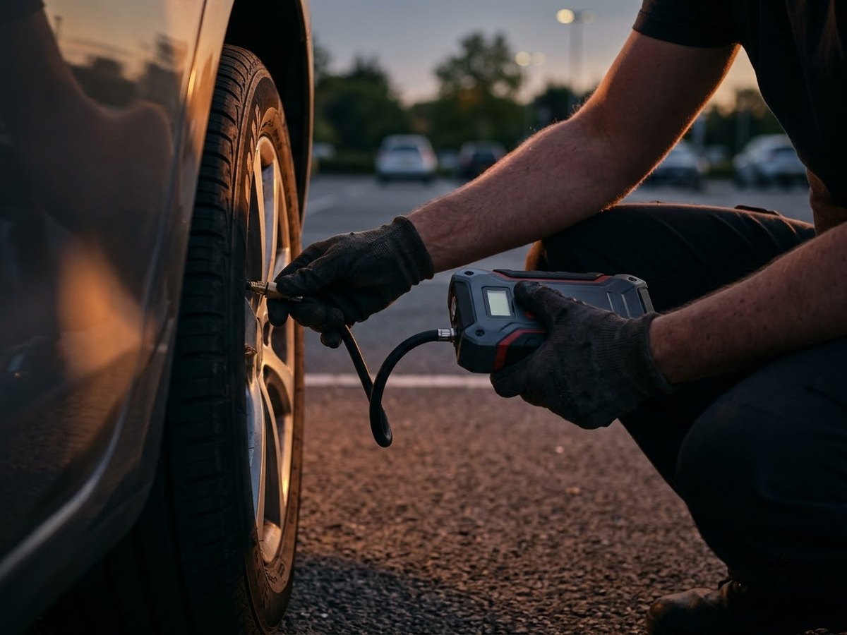 Hands holding a compact jump starter with a hose attached to a car tire valve at dusk