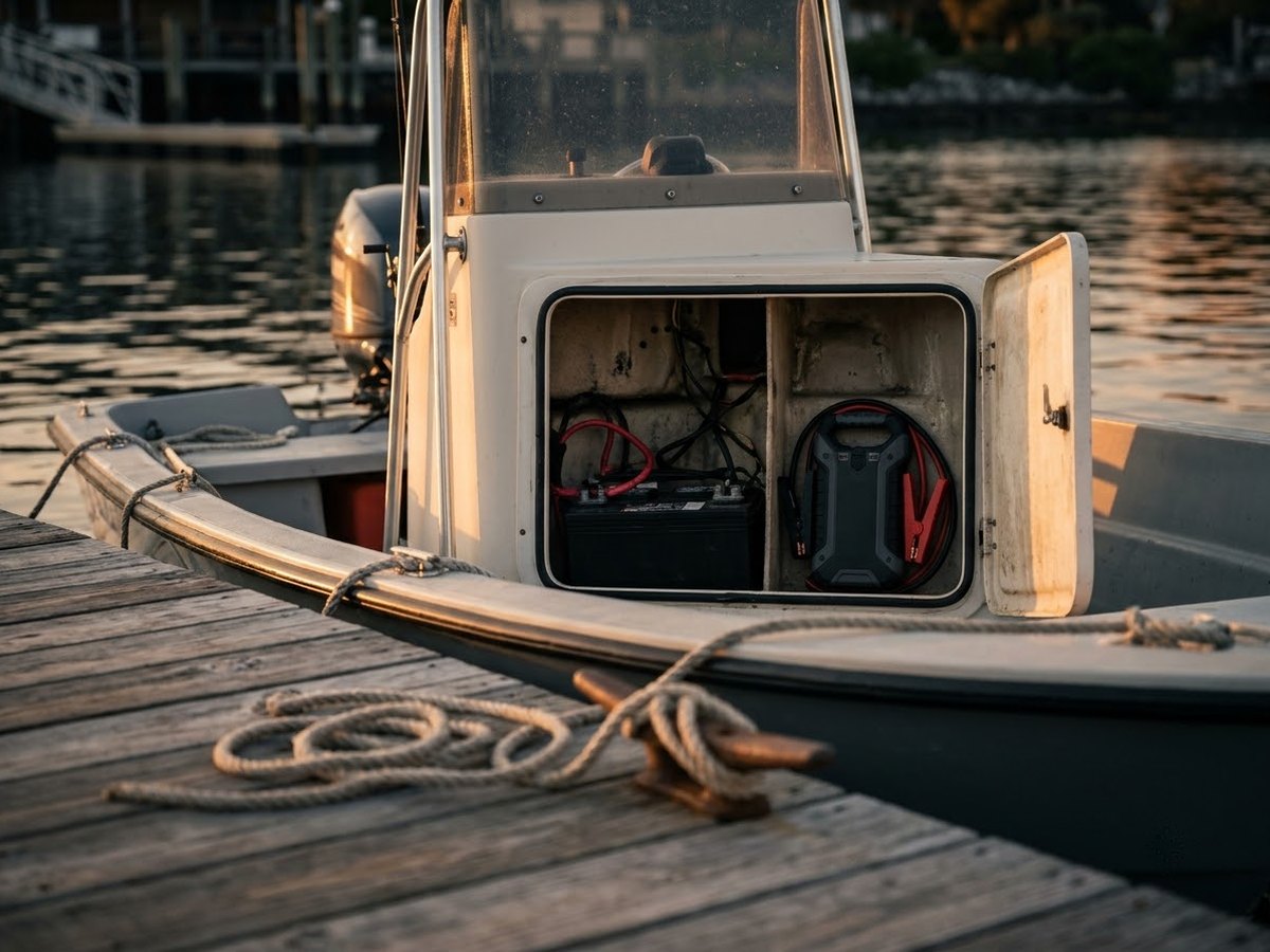 Small center-console boat at a dock at golden hour with an open console hatch and a jump starter in a dry locker