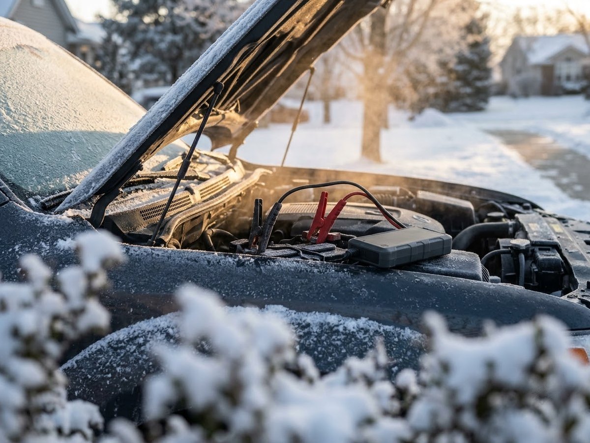 Frosted SUV hood raised in a snowy driveway with a jump starter clamped to the battery at first light