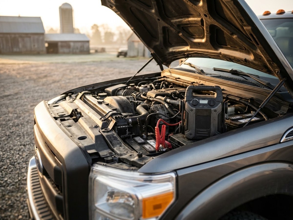 Open hood of a heavy-duty pickup with a portable jump starter resting on the fender at sunrise