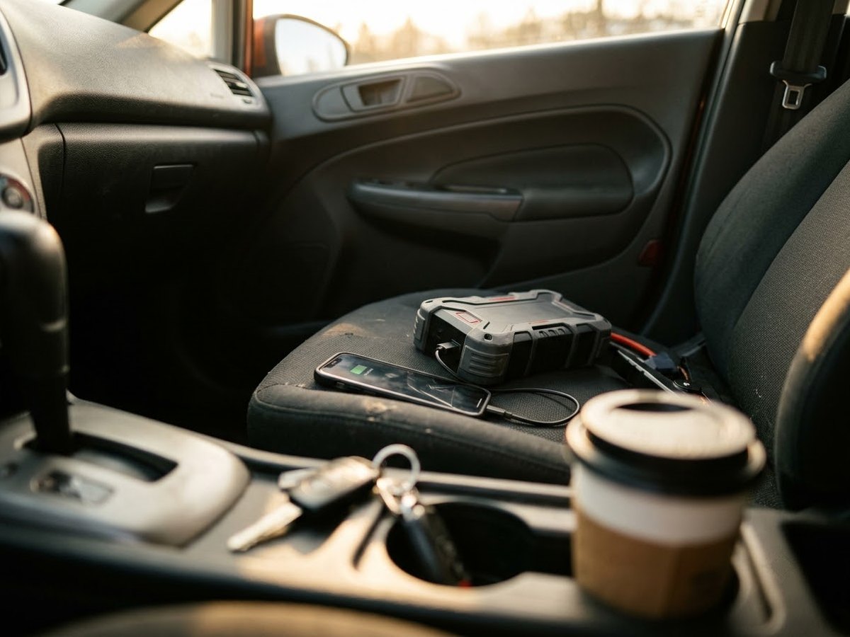 Compact jump starter on the passenger seat of a small hatchback beside a phone charging from it