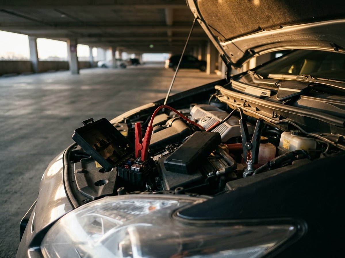 Hybrid hatchback in a parking garage with its hood open and a compact jump starter connected to a terminal under the fuse box