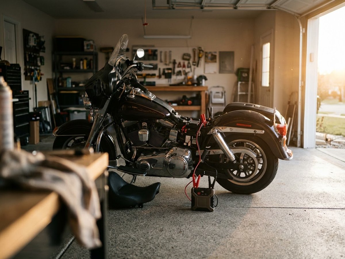 Touring motorcycle in a garage with its seat lifted and a small jump starter beside the rear wheel