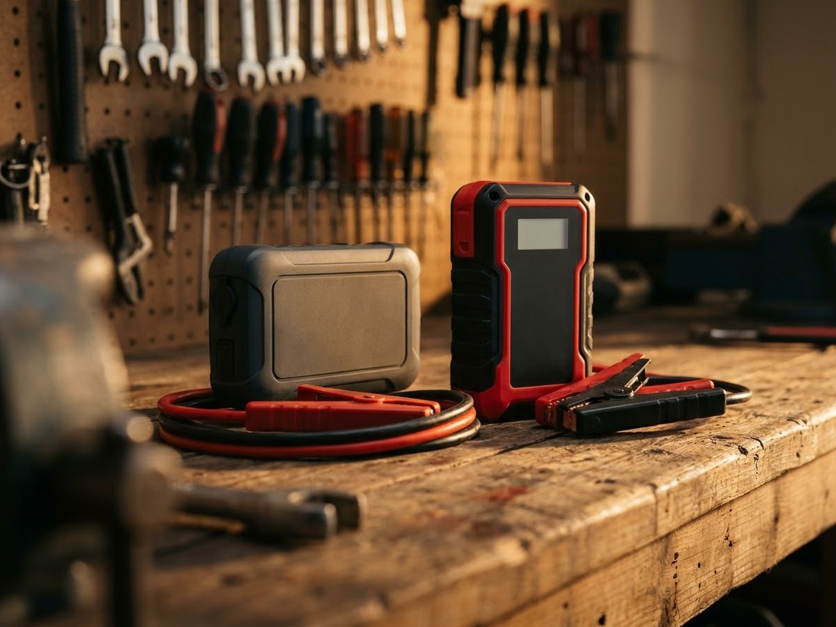 Two unbranded compact jump starters side by side on a workbench with coiled red and black clamps